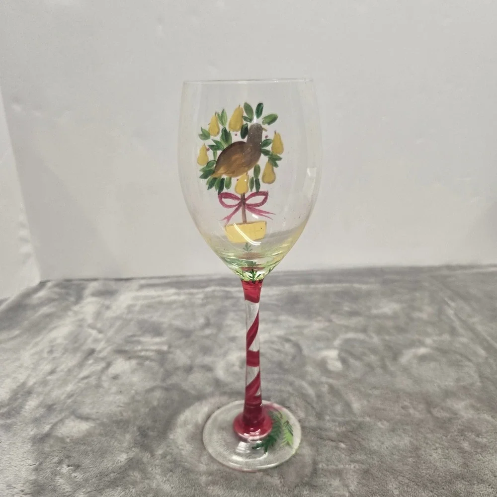 Hand Painted Christmas Wine Glass Partridge in a Pear Tree Holiday Stemware 9in
